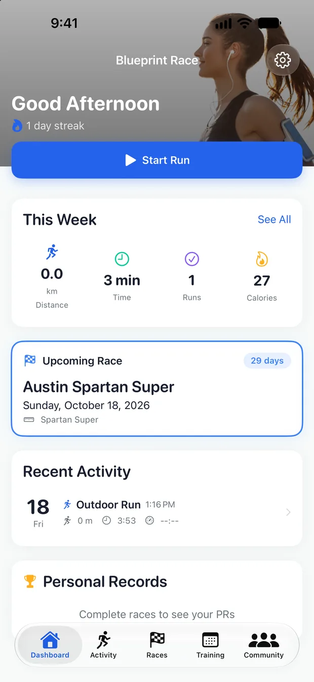 blueprintRACE dashboard showing next race countdown and this week's training